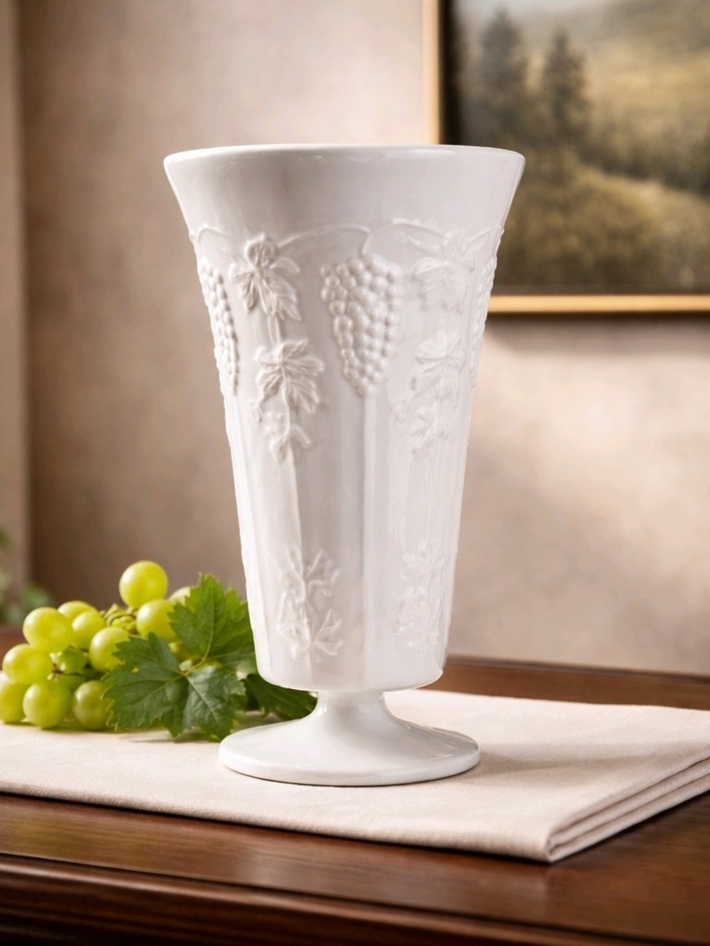 Vintage Indiana Colon Milk Glass Vase 10" Tall, Harvest Grape & Leaf Pattern MCM